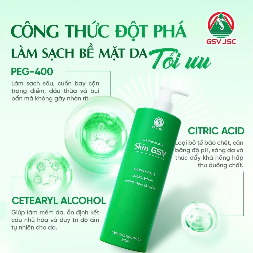 Sữa Rửa Mặt Và Tẩy Trang Skin GSV Cleansing Milk Làm Sạch Dịu Nhẹ Không Xà Phòng Cho Mọi Loại Da 500ml 3