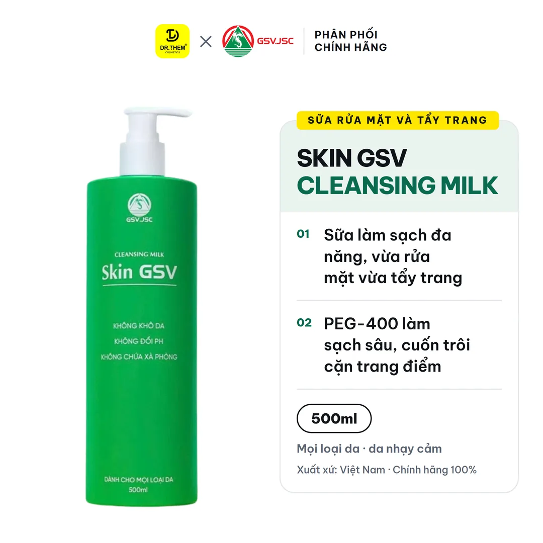 Sữa Rửa Mặt Và Tẩy Trang Skin GSV Cleansing Milk Làm Sạch Dịu Nhẹ Không Xà Phòng Cho Mọi Loại Da 500ml