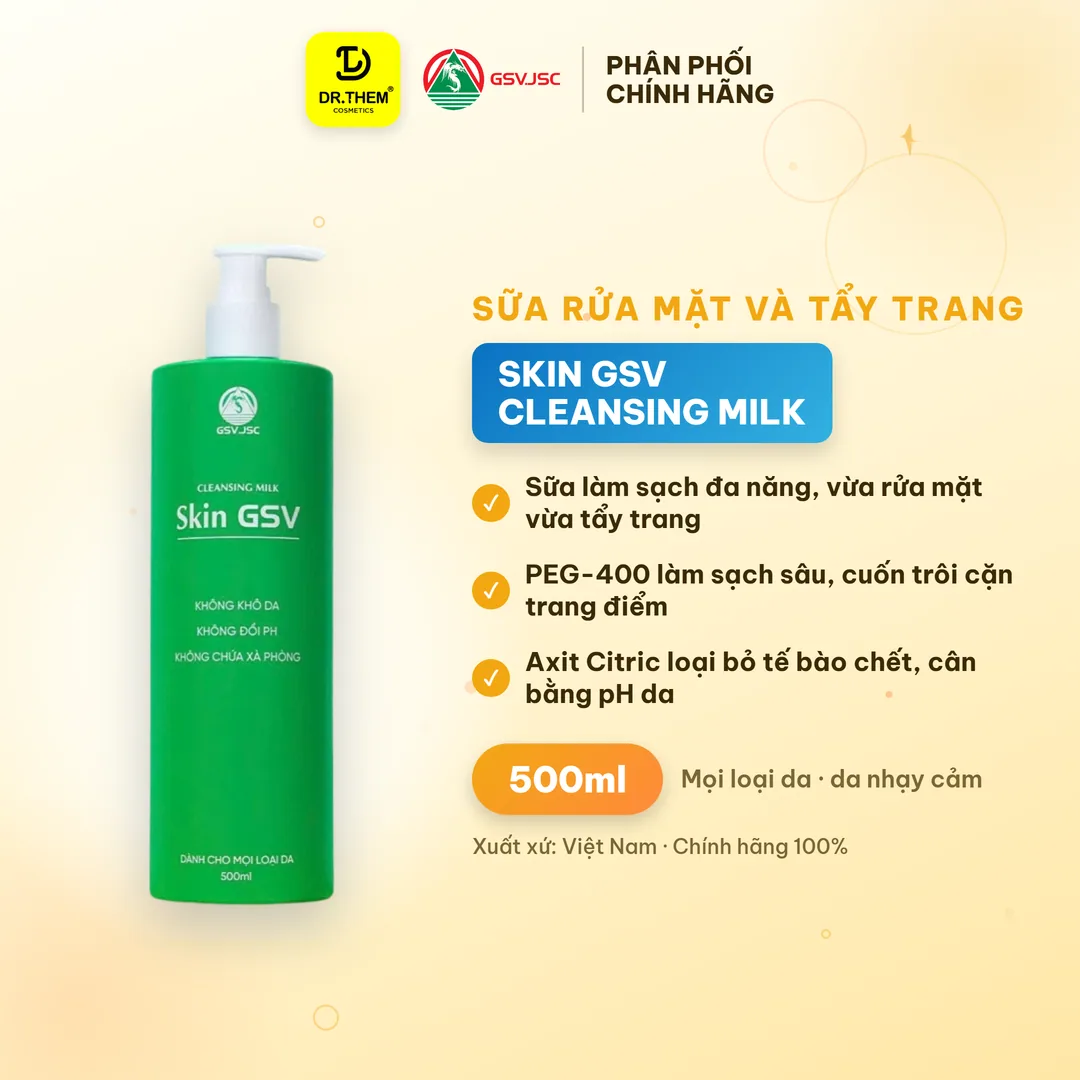 Sữa Rửa Mặt Và Tẩy Trang Skin GSV Cleansing Milk Làm Sạch Dịu Nhẹ Không Xà Phòng Cho Mọi Loại Da 500ml