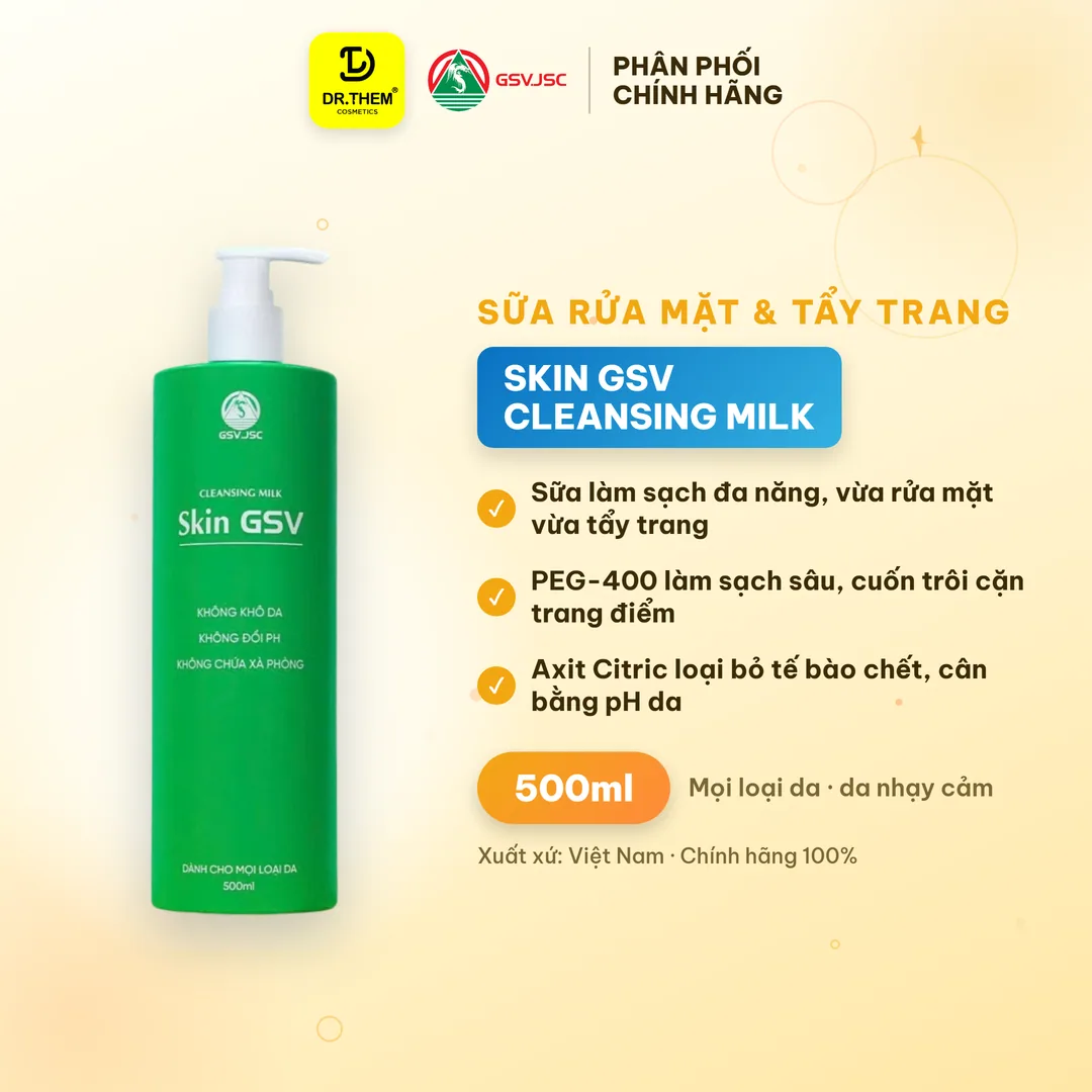 Sữa Rửa Mặt Và Tẩy Trang Skin GSV Cleansing Milk Làm Sạch Dịu Nhẹ Không Xà Phòng Cho Mọi Loại Da 500ml