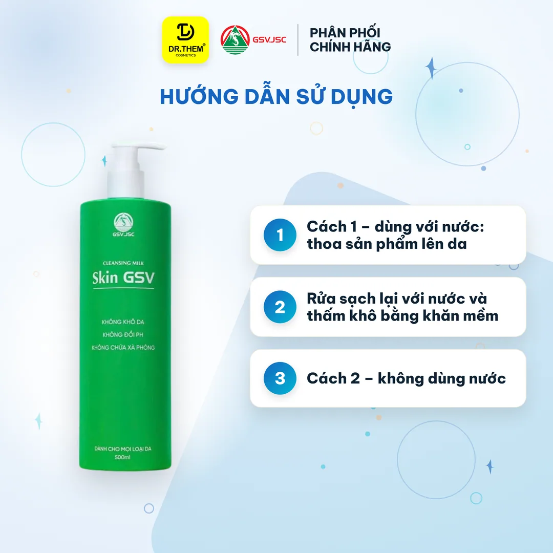 Sữa Rửa Mặt Và Tẩy Trang Skin GSV Cleansing Milk Làm Sạch Dịu Nhẹ Không Xà Phòng Cho Mọi Loại Da 500ml 7