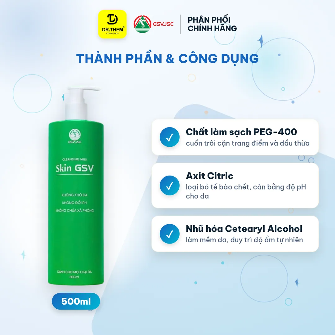 Sữa Rửa Mặt Và Tẩy Trang Skin GSV Cleansing Milk Làm Sạch Dịu Nhẹ Không Xà Phòng Cho Mọi Loại Da 500ml 6