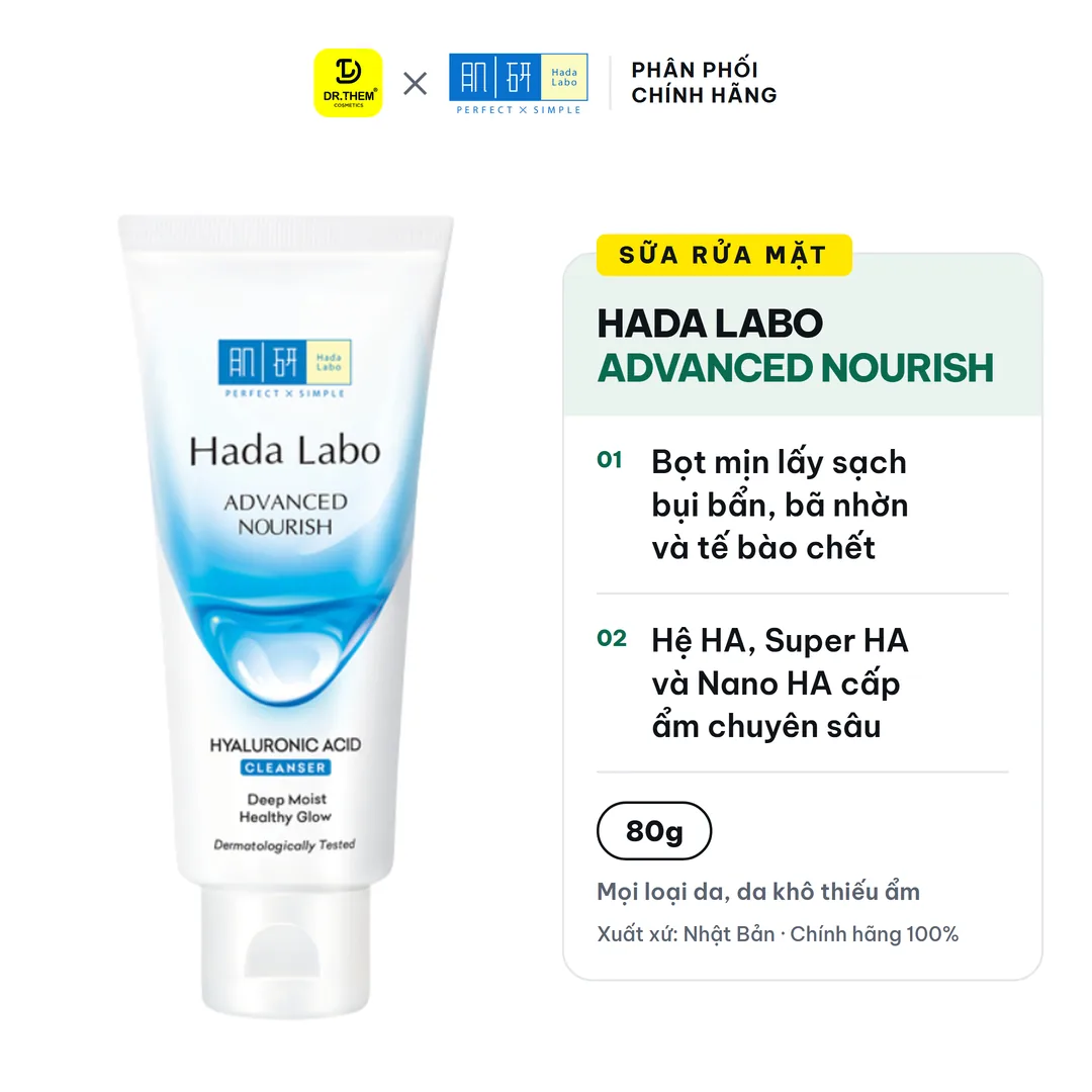 Sữa Rửa Mặt Hada Labo Advanced Nourish Cleanser Dưỡng Ẩm Tối Ưu HA SHA Nano HA Cho Da Khô Thiếu Ẩm 80g