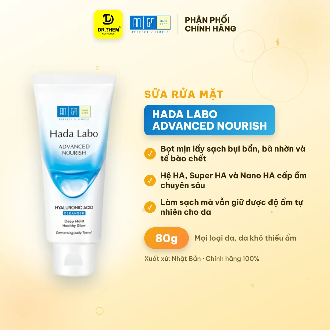 Sữa Rửa Mặt Hada Labo Advanced Nourish Cleanser Dưỡng Ẩm Tối Ưu HA SHA Nano HA Cho Da Khô Thiếu Ẩm 80g