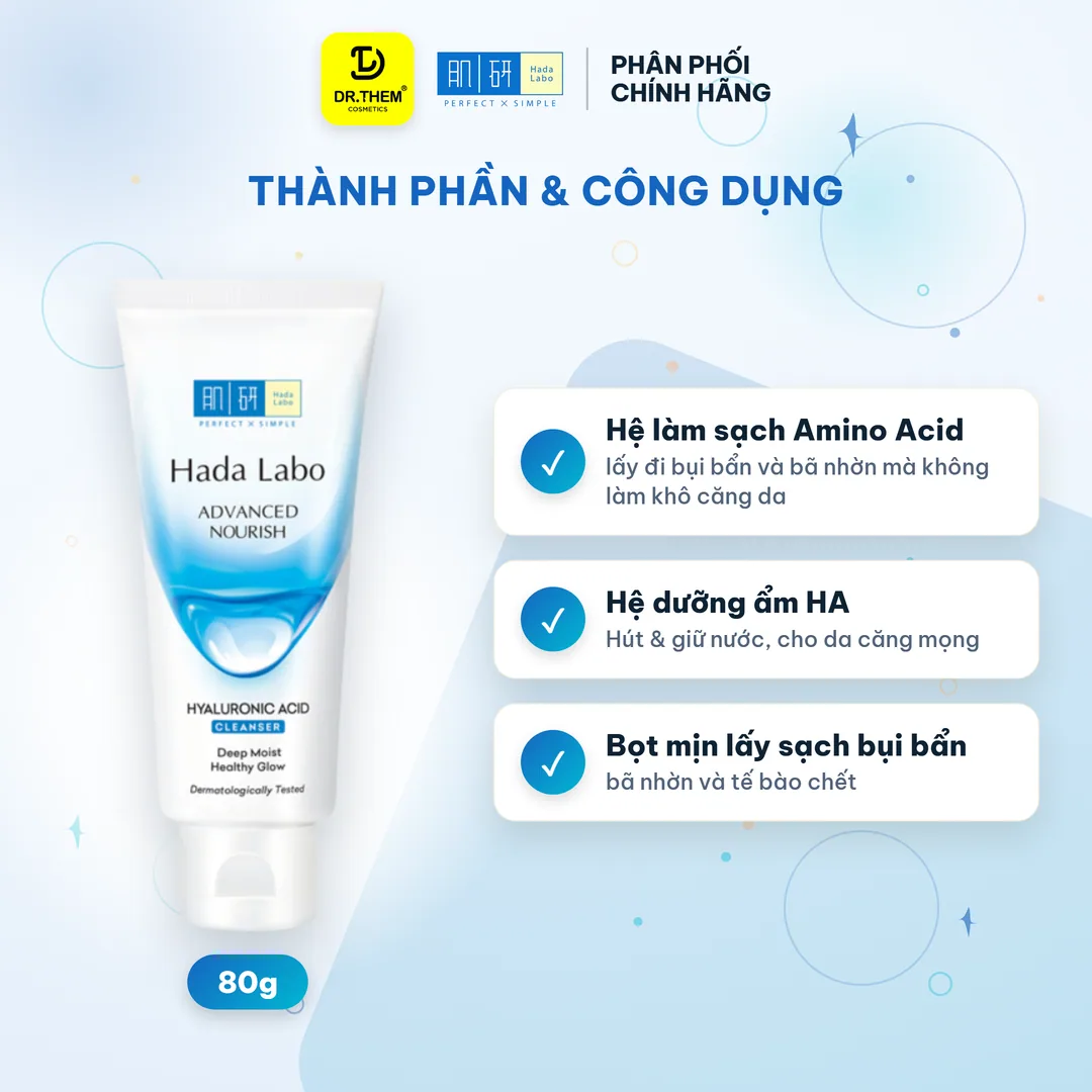 Sữa Rửa Mặt Hada Labo Advanced Nourish Cleanser Dưỡng Ẩm Tối Ưu HA SHA Nano HA Cho Da Khô Thiếu Ẩm 80g 4