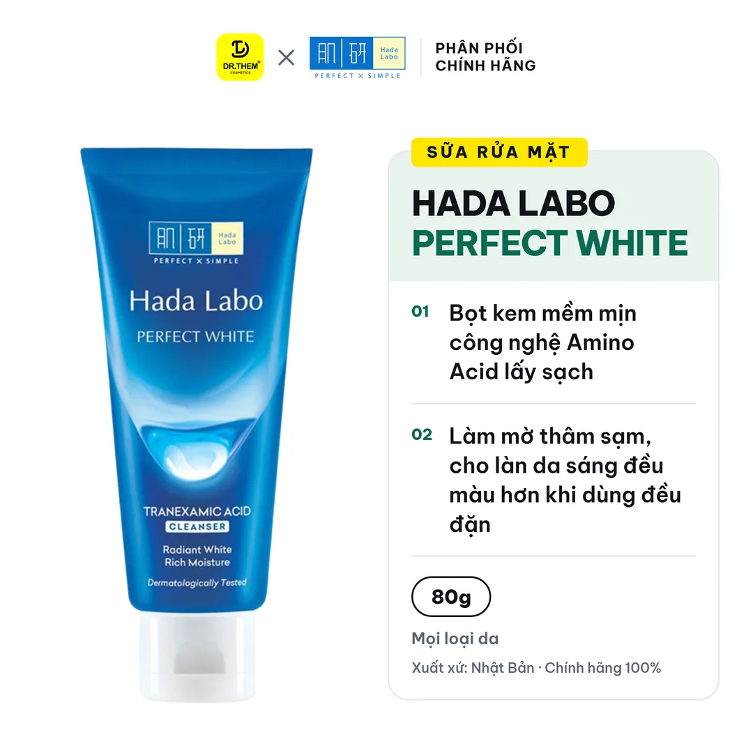 Sữa Rửa Mặt Hada Labo Perfect White Tranexamic Acid Dưỡng Sáng Hỗ Trợ Làm Mờ Thâm Sạm Cho Mọi Loại Da 80g