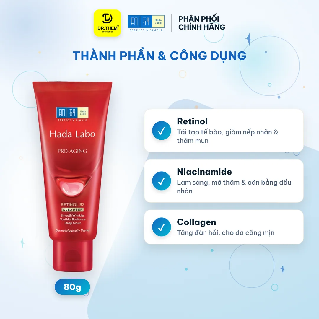Sữa Rửa Mặt Hada Labo Pro-Aging Retinol B3 Cleanser Hỗ Trợ Cải Thiện Lão Hóa Mờ Nếp Nhăn Săn Chắc Da 80g 5