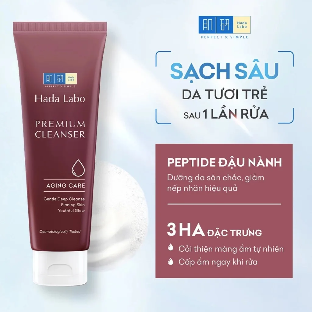 Sữa Rửa Mặt Hada Labo Premium Cleanser Aging Care Chăm Sóc Lão Hóa Soy Peptide & 3 Loại HA Săn Chắc Da 100g 5