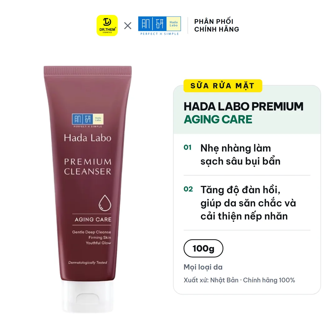 Sữa Rửa Mặt Hada Labo Premium Cleanser Aging Care Chăm Sóc Lão Hóa Soy Peptide & 3 Loại HA Săn Chắc Da 100g