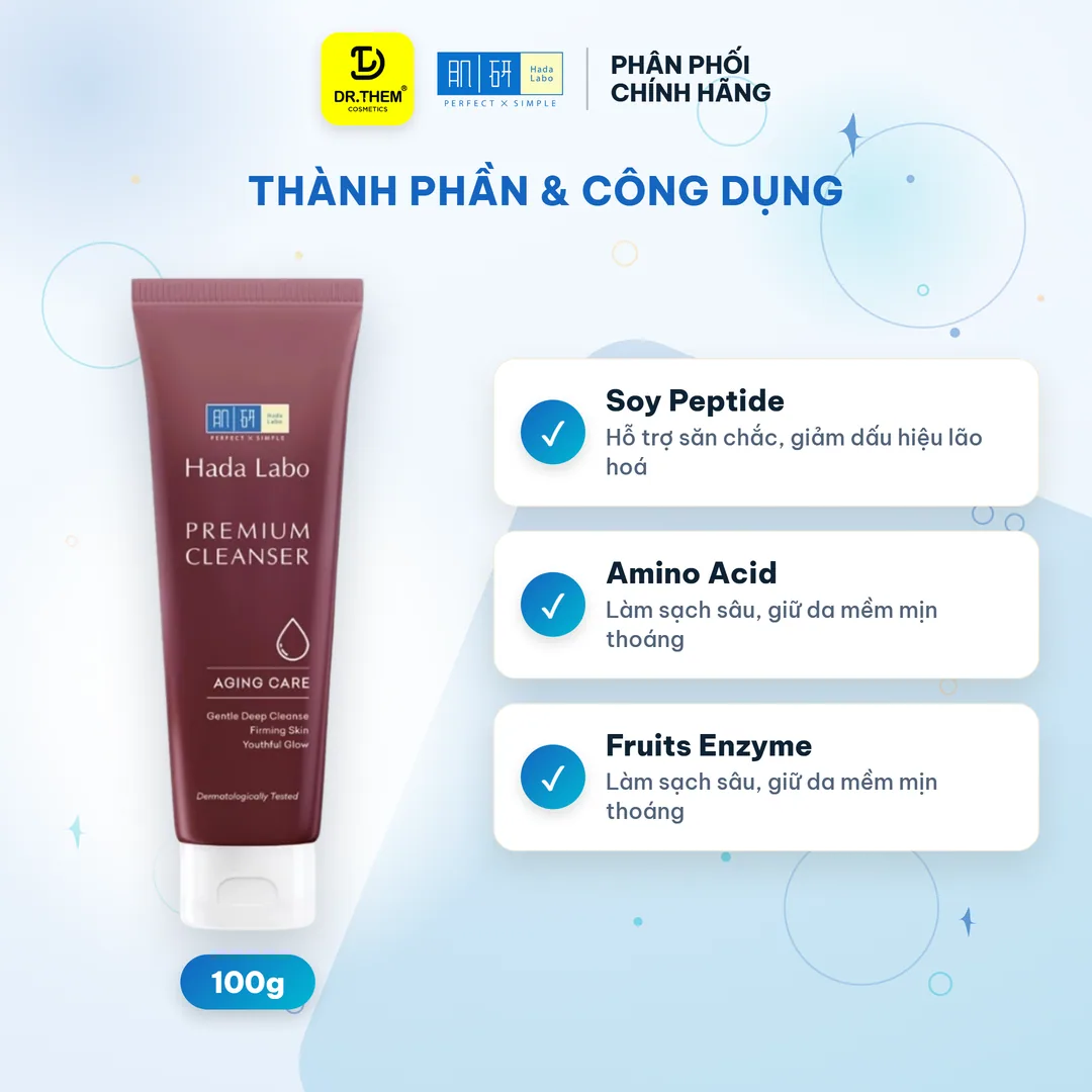 Sữa Rửa Mặt Hada Labo Premium Cleanser Aging Care Chăm Sóc Lão Hóa Soy Peptide & 3 Loại HA Săn Chắc Da 100g 6