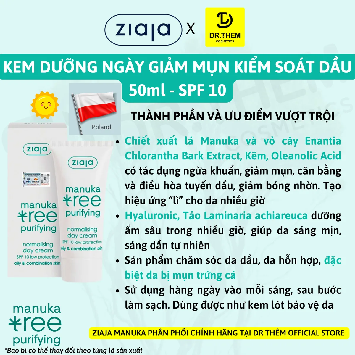 Kem Dưỡng Ziaja Manuka Tree Purifying Normalising Kiềm Dầu Cân Bằng Ngày Đêm Cho Da Dầu Mụn 50ml 7
