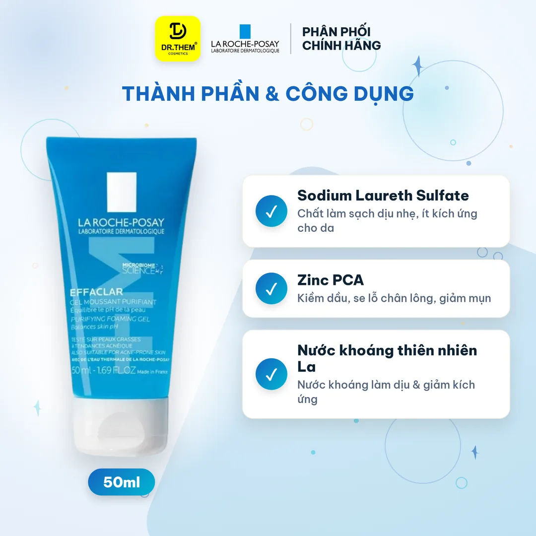 Gel Rửa Mặt La Roche Posay Effaclar Purifying Foaming Gel Làm Sạch Kiềm Dầu Cho Da Dầu Mụn Nhạy Cảm 50ml 2