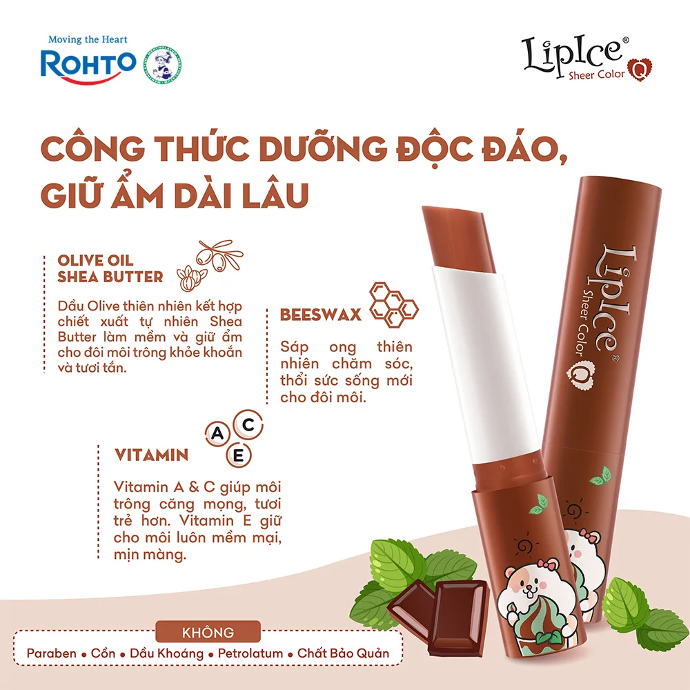 Son Dưỡng Môi Có Màu LipIce Sheer Color Q Choco Mint 2,4g Hương Sô-cô-la Bạc Hà – Son Nâu Lên Môi Hồng Ửng Đỏ 3