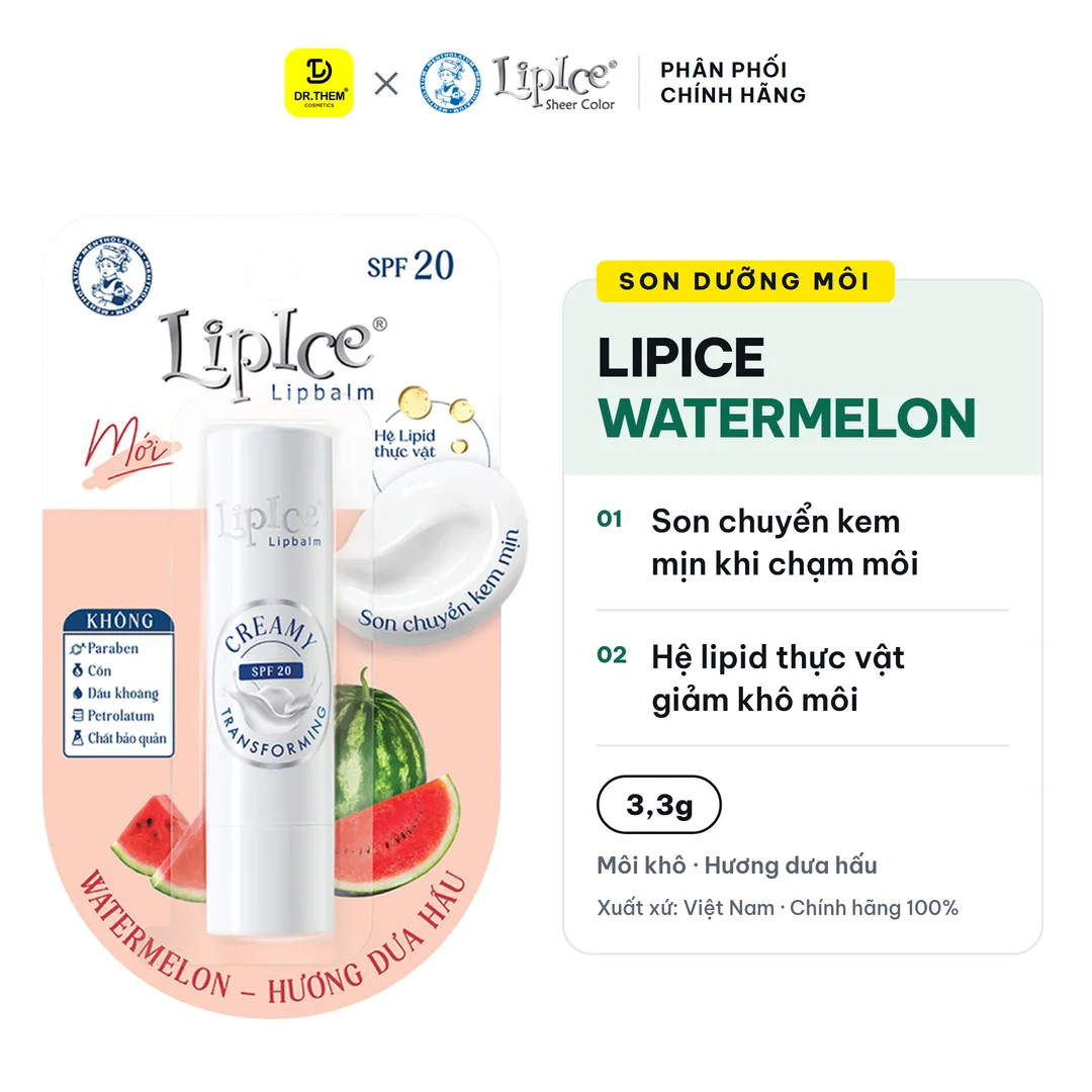 Son Dưỡng Môi LipIce Watermelon Hương Dưa Hấu SPF20 3,3g – Son Chuyển Kem Mịn, Mềm Môi Ẩm Mượt