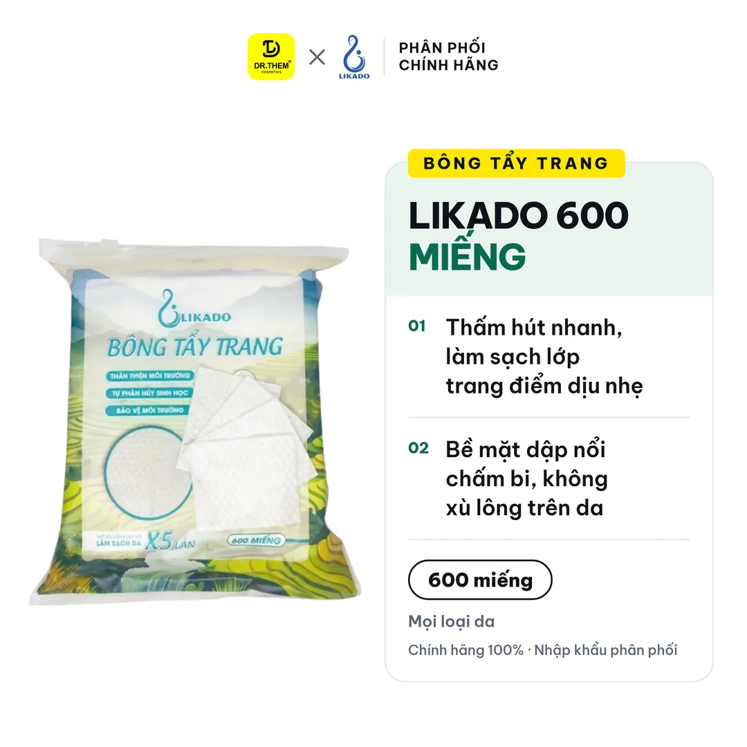 Bông Tẩy Trang Likado Cotton Mềm Không Xù Lông Túi 600 Miếng