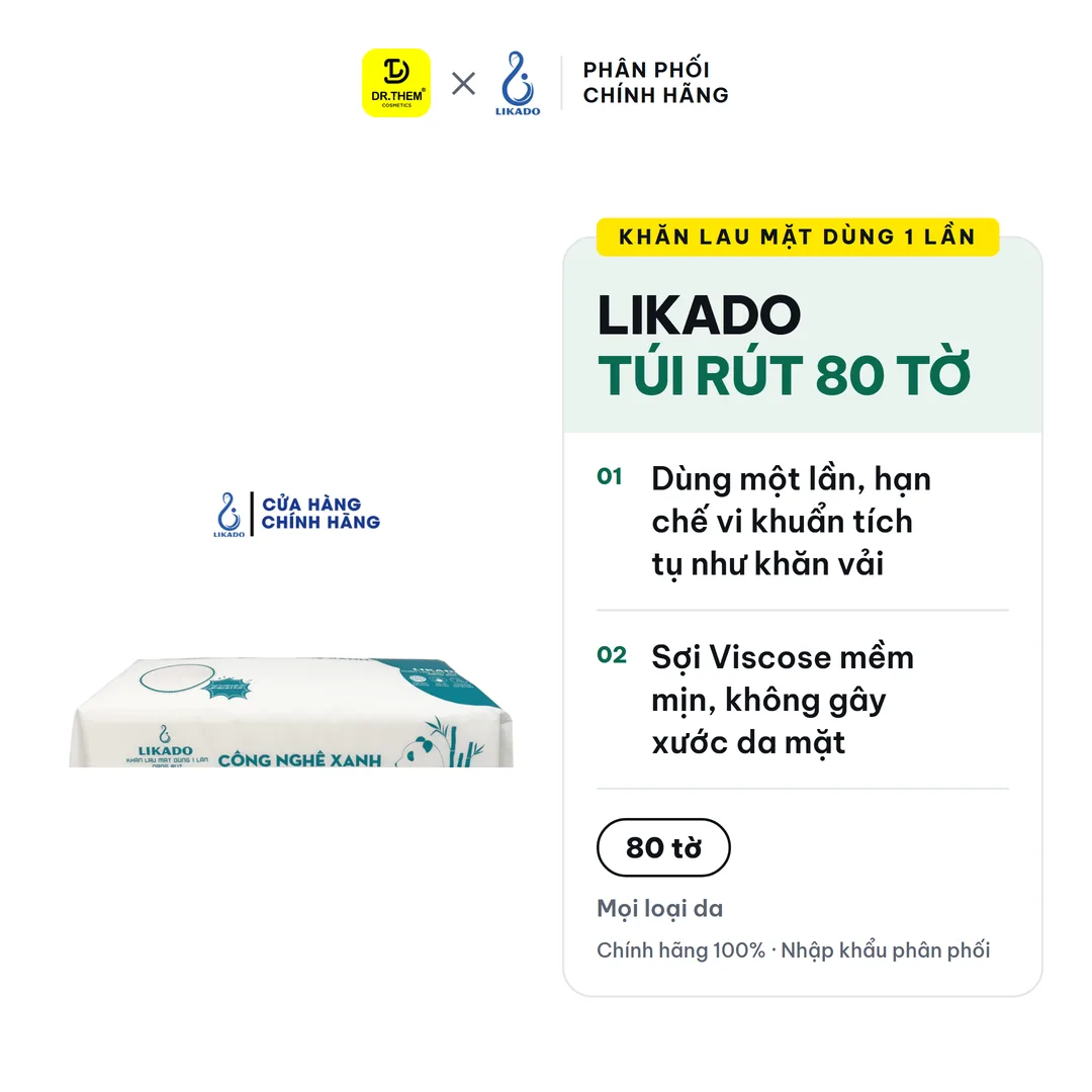 Khăn Lau Mặt Dùng 1 Lần Likado Túi Rút 80 Tờ Chất Liệu Viscose Mềm Mịn Làm Sạch Thấm Khô Da Size 20x20cm
