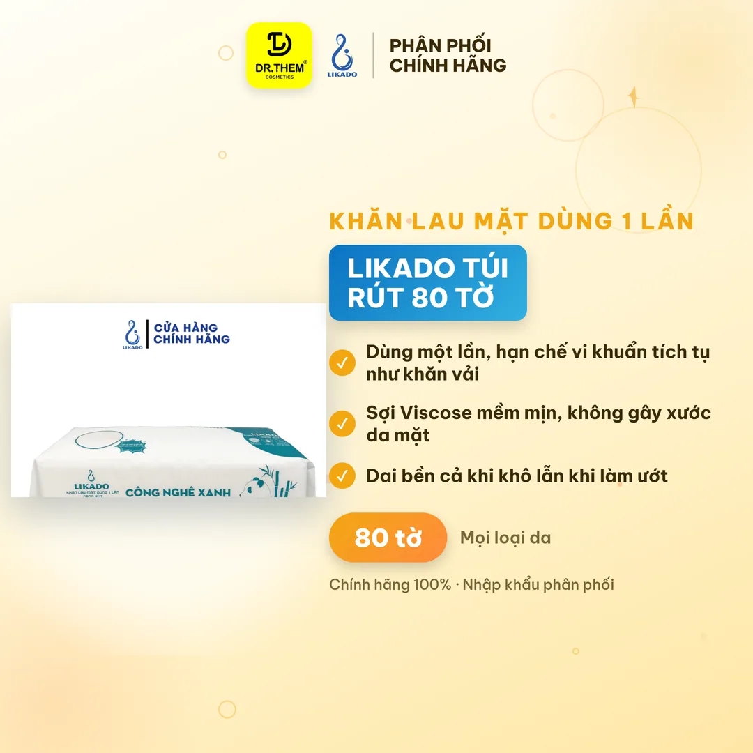 Khăn Lau Mặt Dùng 1 Lần Likado Túi Rút 80 Tờ Chất Liệu Viscose Mềm Mịn Làm Sạch Thấm Khô Da Size 20x20cm