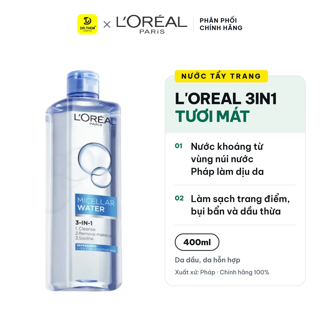 Nước Tẩy Trang L'Oreal Paris 3in1 Micellar Water Tươi Mát Cho Da Dầu Và Da Hỗn Hợp 400ml