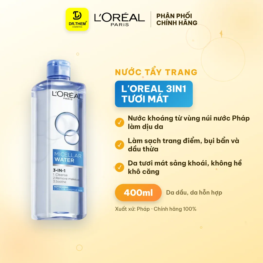 Nước Tẩy Trang L'Oreal Paris 3in1 Micellar Water Tươi Mát Cho Da Dầu Và Da Hỗn Hợp 400ml