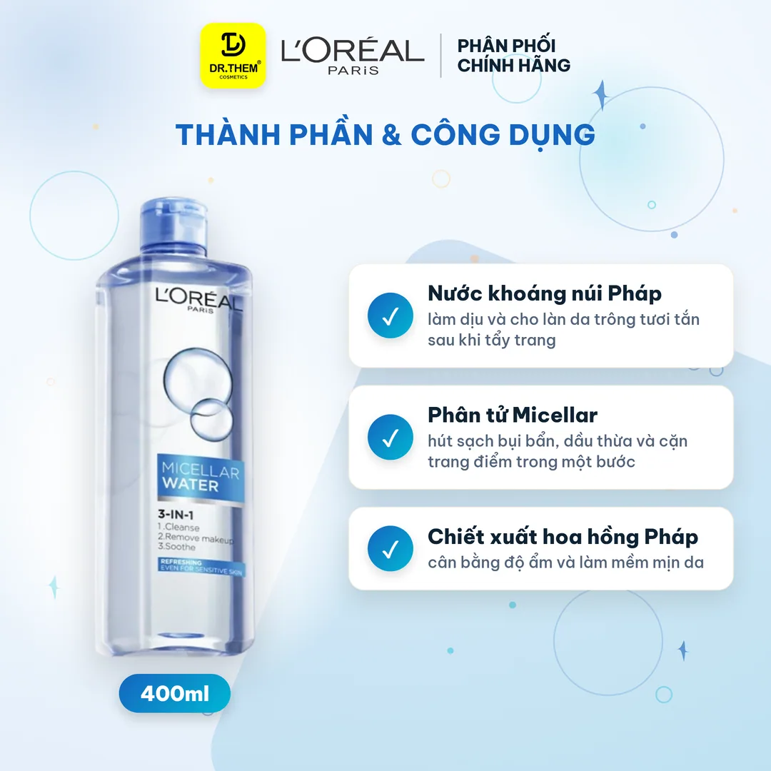 Nước Tẩy Trang L'Oreal Paris 3in1 Micellar Water Tươi Mát Cho Da Dầu Và Da Hỗn Hợp 400ml 2
