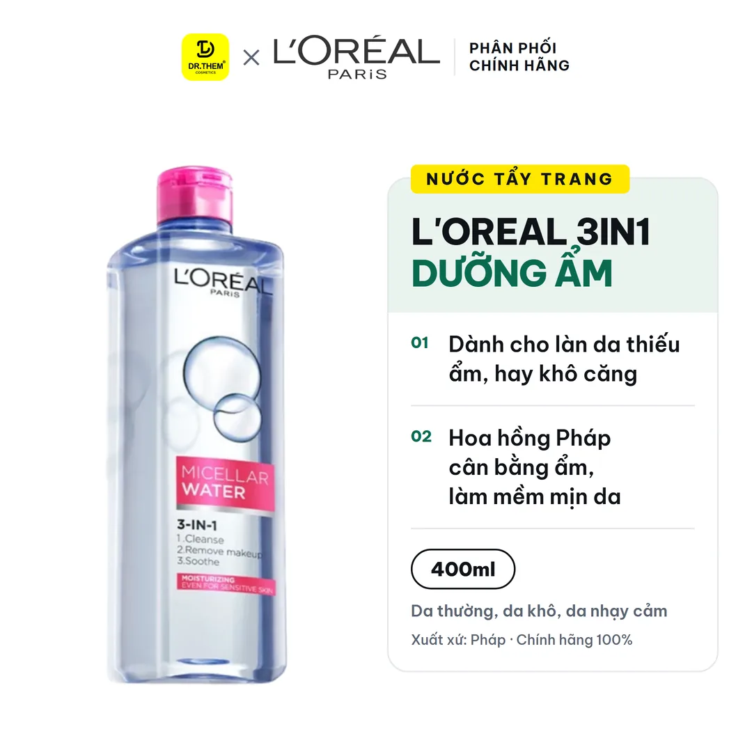 Nước Tẩy Trang L'Oreal Paris 3in1 Micellar Water Dưỡng Ẩm Cho Da Thường Và Da Khô 400ml