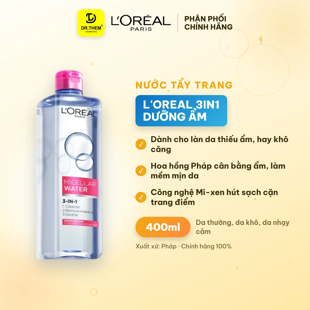 Nước Tẩy Trang L'Oreal Paris 3in1 Micellar Water Dưỡng Ẩm Cho Da Thường Và Da Khô 400ml