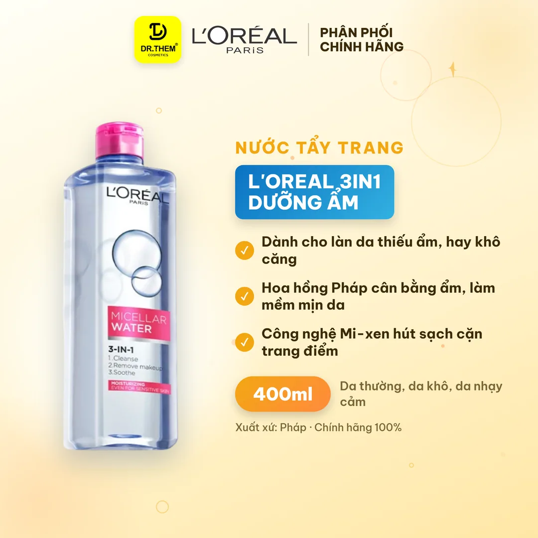 Nước Tẩy Trang L'Oreal Paris 3in1 Micellar Water Làm Sạch Sâu Dưỡng Ẩm Dịu Nhẹ Cho Mọi Loại Da 95ml/400ml 4