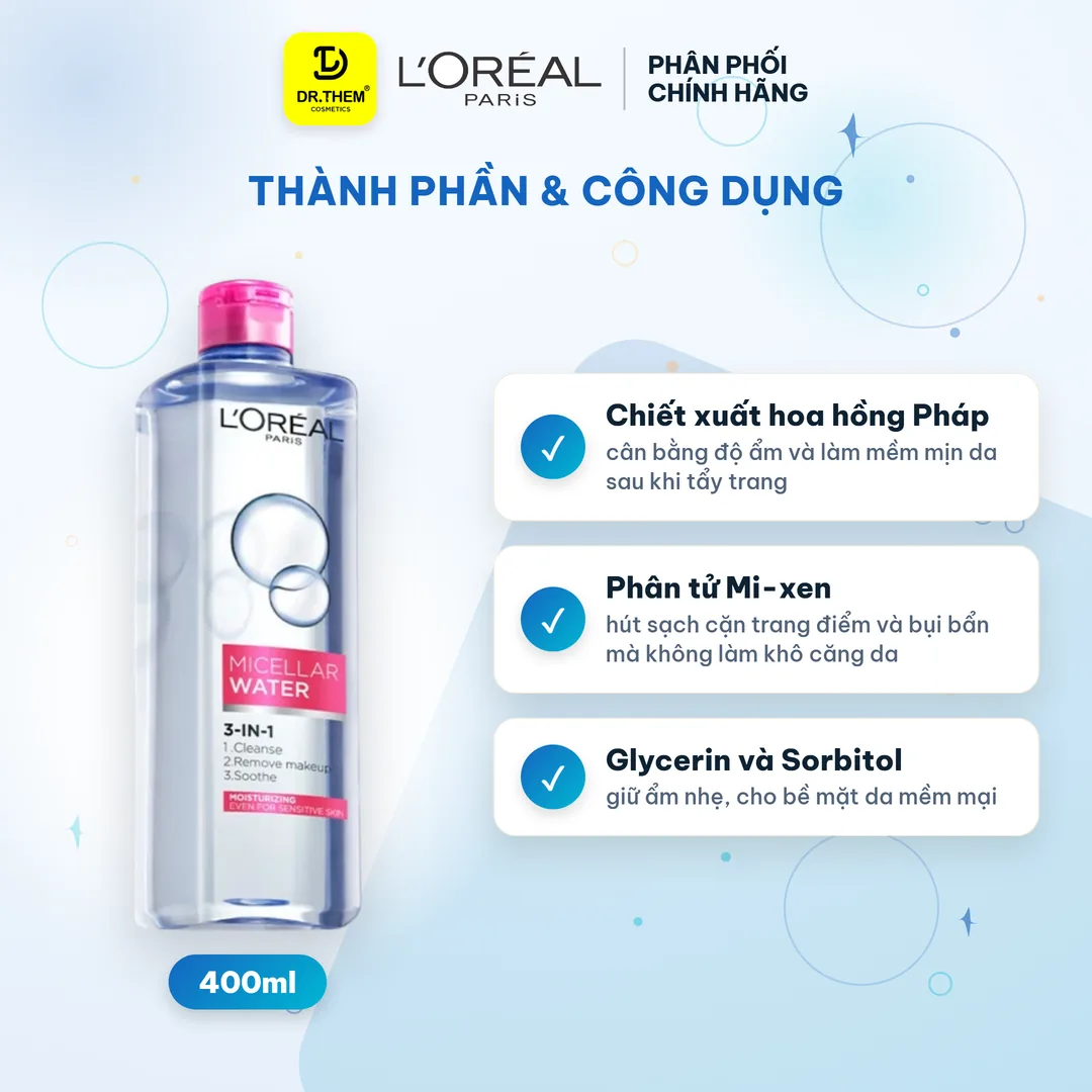 Nước Tẩy Trang L'Oreal Paris 3in1 Micellar Water Dưỡng Ẩm Cho Da Thường Và Da Khô 400ml 2