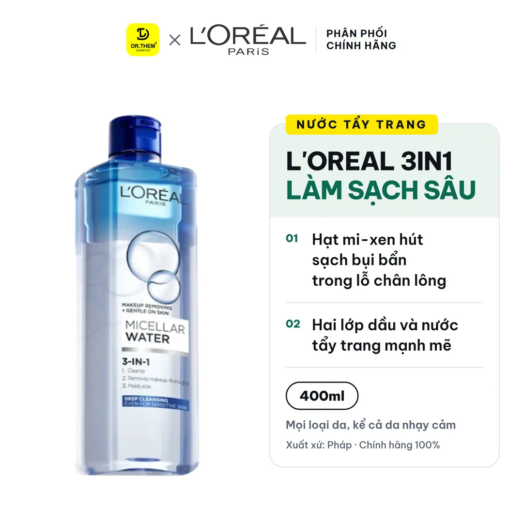 Nước Tẩy Trang L'Oreal Paris 3in1 Micellar Water Làm Sạch Sâu Lớp Trang Điểm 400ml