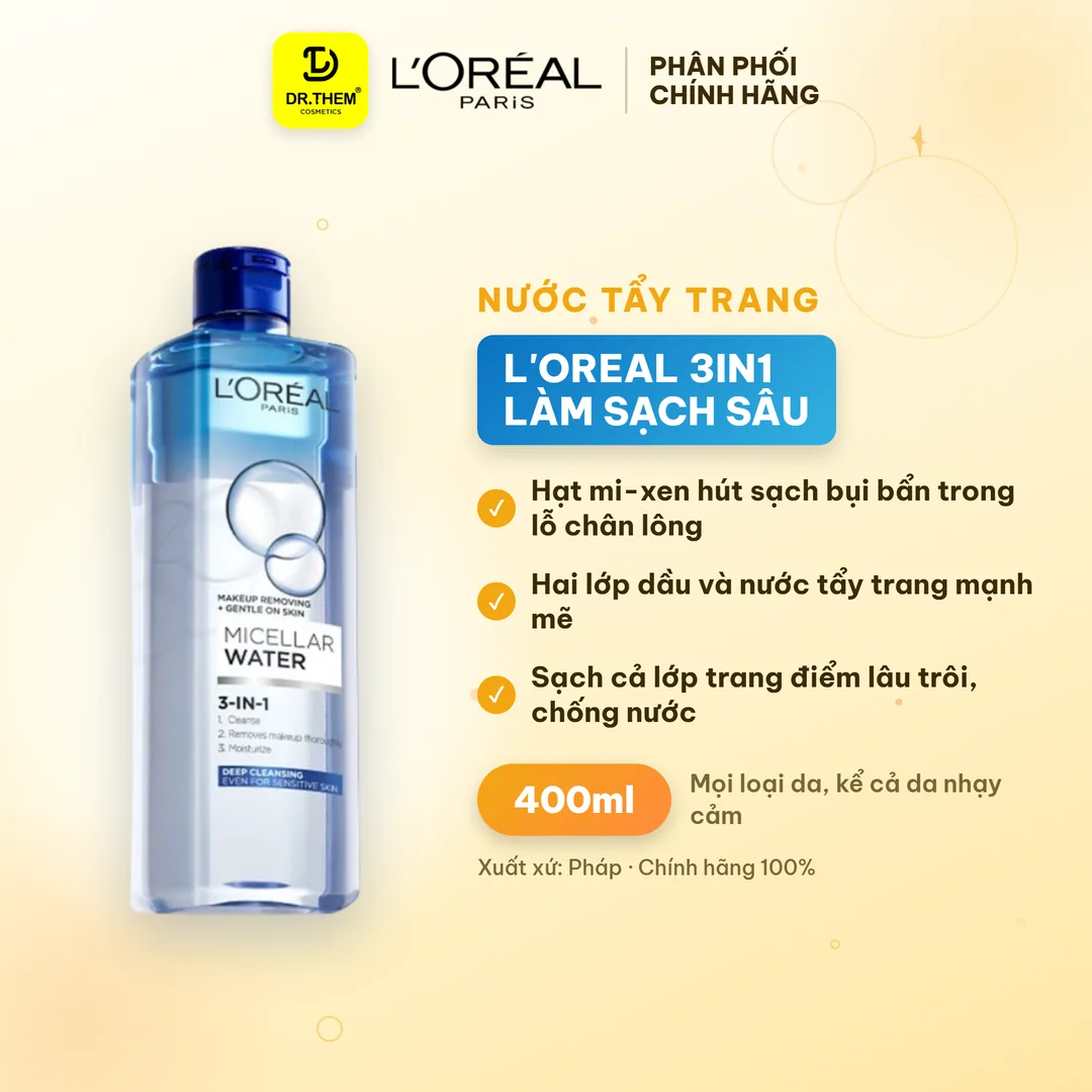 Nước Tẩy Trang L'Oreal Paris 3in1 Micellar Water Làm Sạch Sâu Lớp Trang Điểm 400ml