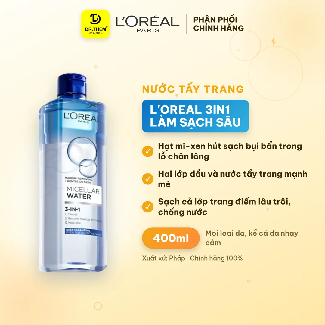Nước Tẩy Trang L'Oreal Paris 3in1 Micellar Water Làm Sạch Sâu Dưỡng Ẩm Dịu Nhẹ Cho Mọi Loại Da 95ml/400ml 3