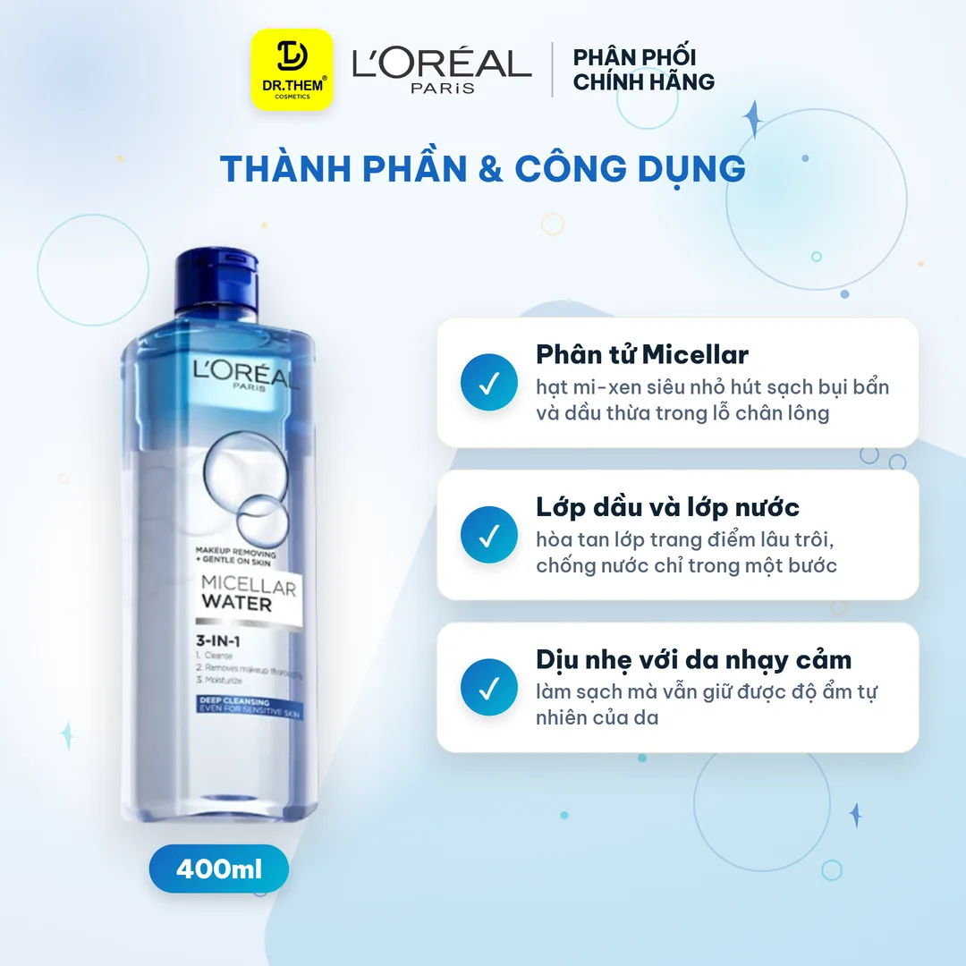 Nước Tẩy Trang L'Oreal Paris 3in1 Micellar Water Làm Sạch Sâu Lớp Trang Điểm 400ml 2
