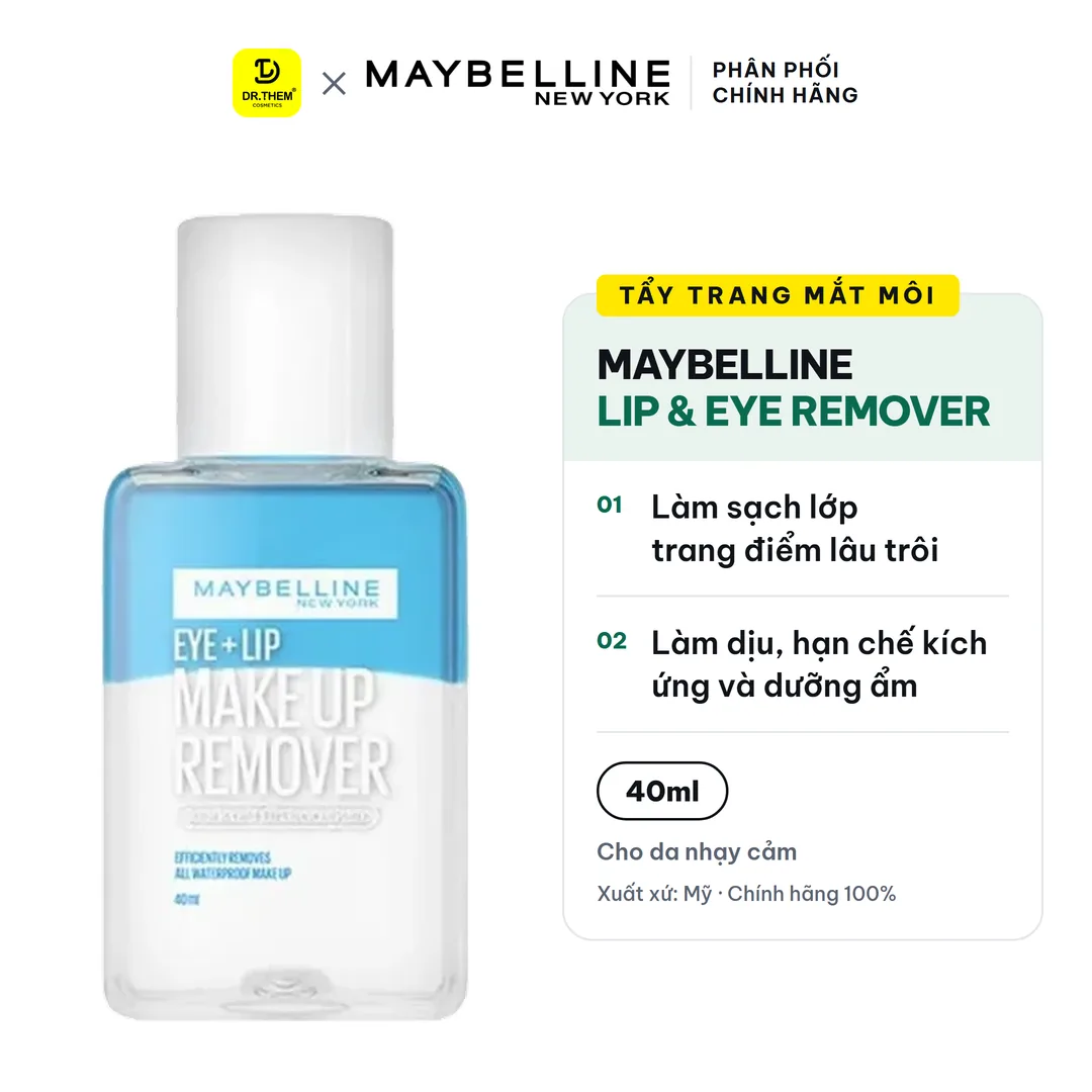 Nước Tẩy Trang Mắt Môi Maybelline Lip & Eye Make Up Remover Làm Sạch Lớp Trang Điểm Lâu Trôi Dịu Nhẹ 40ml