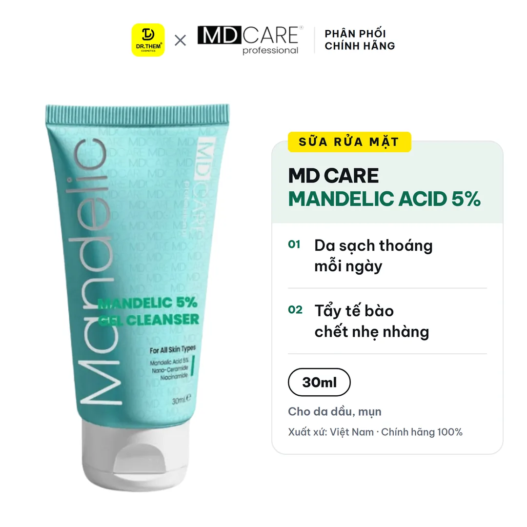 Sữa Rửa Mặt MD CARE Mandelic Acid 5% Dạng Gel Làm Sạch Sâu Tẩy Tế Bào Chết Nhẹ Nhàng Cho Da Dầu Mụn 30ml