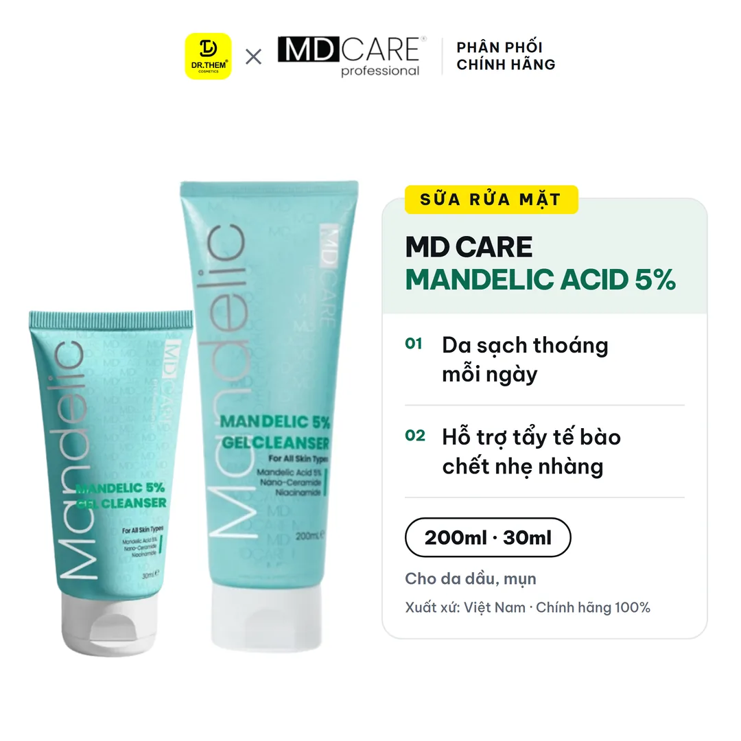 Sữa Rửa Mặt MD CARE Mandelic Acid 5% Dạng Gel Làm Sạch Sâu Tẩy Tế Bào Chết Nhẹ Nhàng Cho Da Dầu Mụn 30ml/200ml