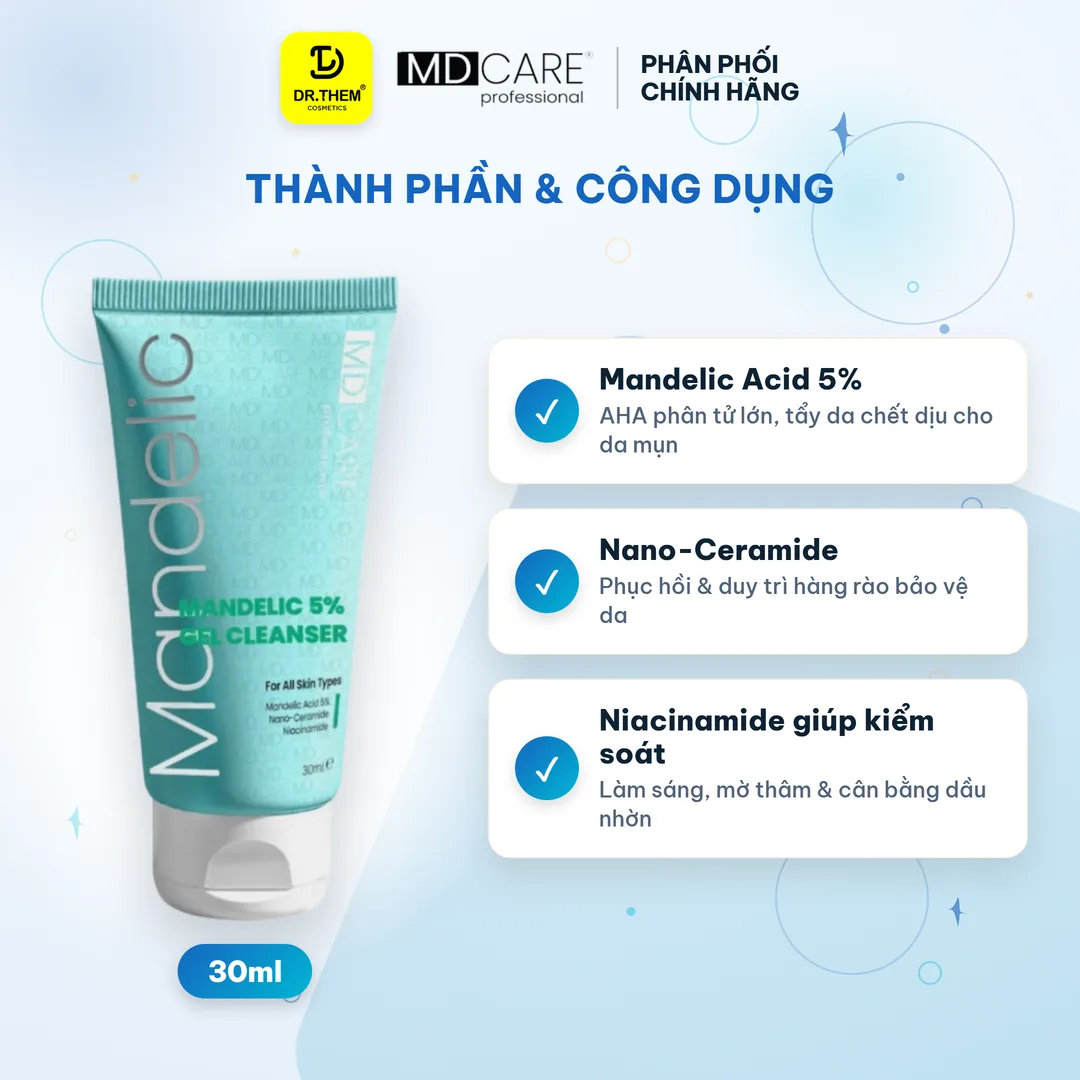 Sữa Rửa Mặt MD CARE Mandelic Acid 5% Dạng Gel Làm Sạch Sâu Tẩy Tế Bào Chết Nhẹ Nhàng Cho Da Dầu Mụn 30ml 2