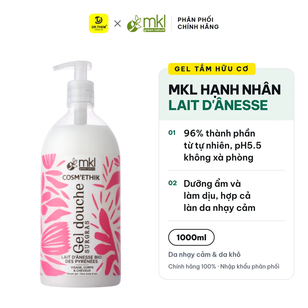 Gel Tắm Hữu Cơ MKL Green Nature Shower Gel pH5.5 Không Xà Phòng Hương Hạnh Nhân (Lait d'Ânesse) 1000ml