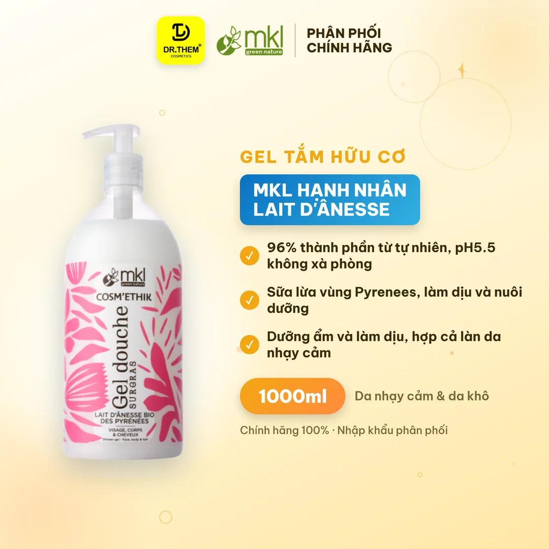 Gel Tắm Hữu Cơ MKL Green Nature Shower Gel pH5.5 Không Xà Phòng Hương Hạnh Nhân (Lait d'Ânesse) 1000ml