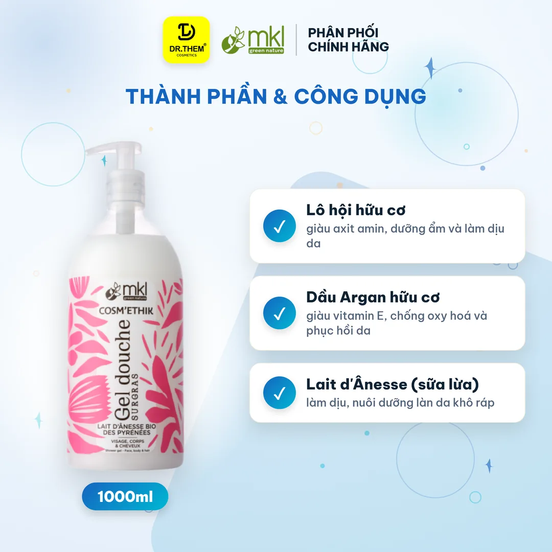 Gel Tắm Hữu Cơ MKL Green Nature Shower Gel pH5.5 Không Xà Phòng Hương Hạnh Nhân (Lait d'Ânesse) 1000ml 2