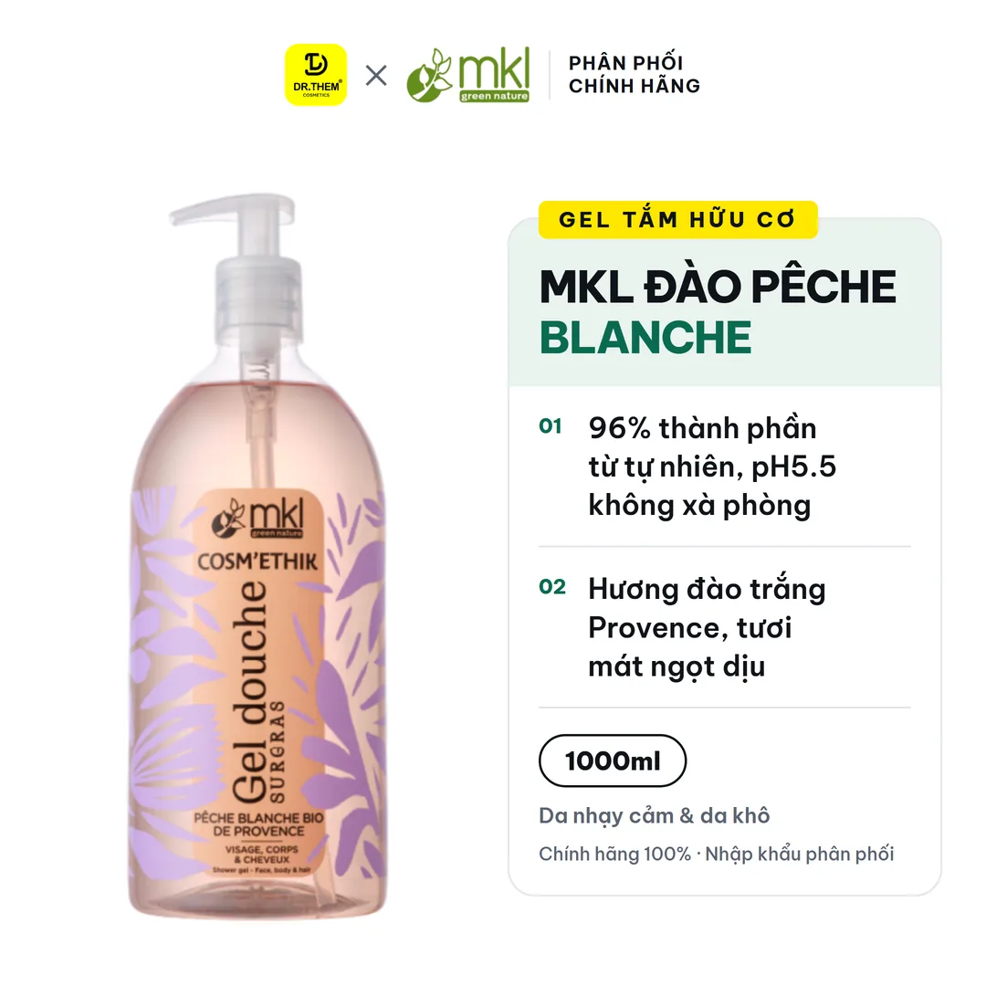 Gel Tắm Hữu Cơ MKL Green Nature Shower Gel pH5.5 Không Xà Phòng Hương Đào (Pêche Blanche) 1000ml