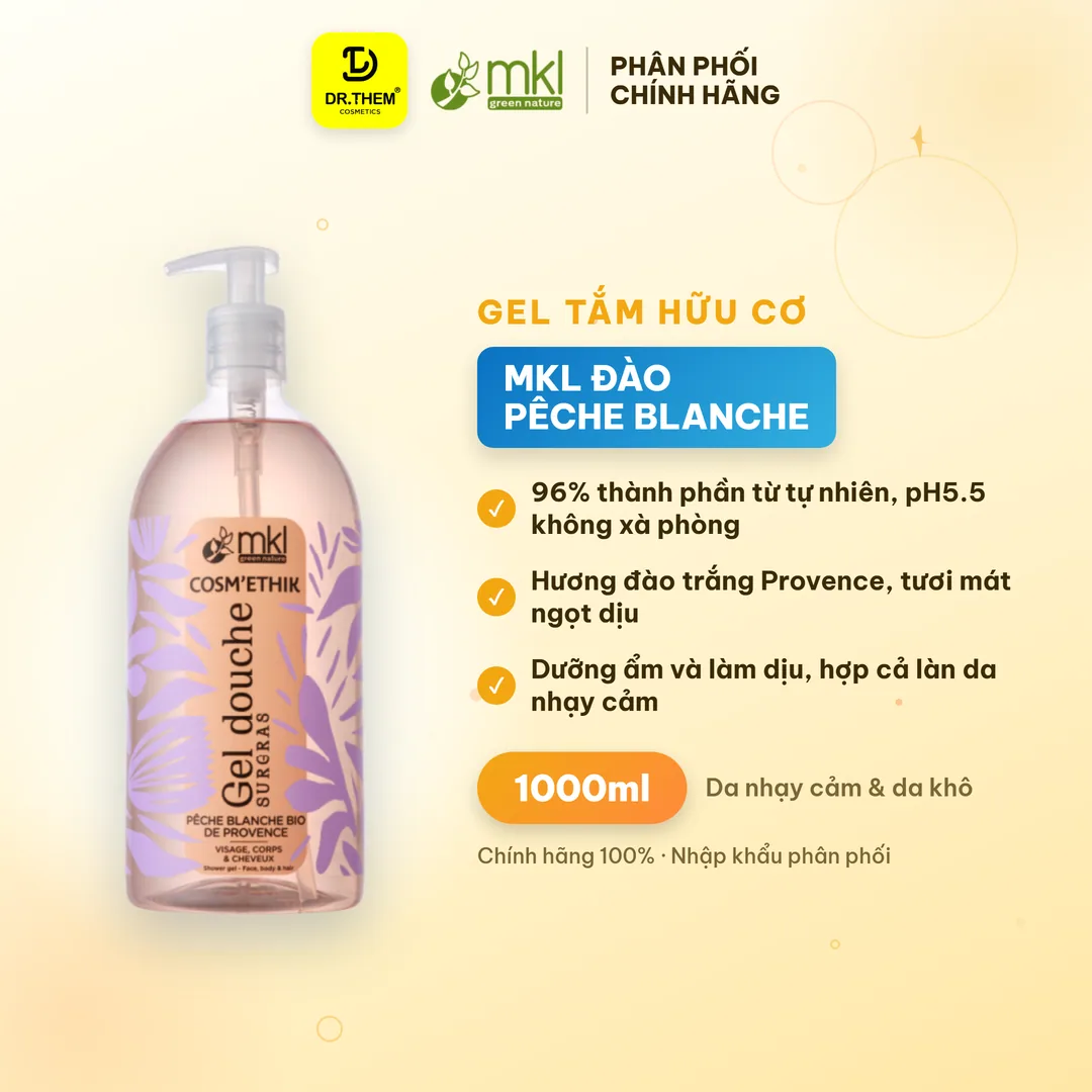 Gel Tắm Hữu Cơ MKL Green Nature Shower Gel pH5.5 Không Xà Phòng Hương Đào (Pêche Blanche) 1000ml