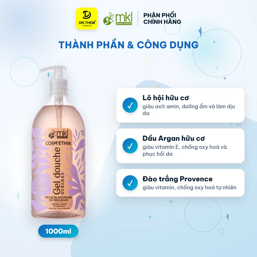 Gel Tắm Hữu Cơ MKL Green Nature Shower Gel pH5.5 Không Xà Phòng Hương Đào (Pêche Blanche) 1000ml 2