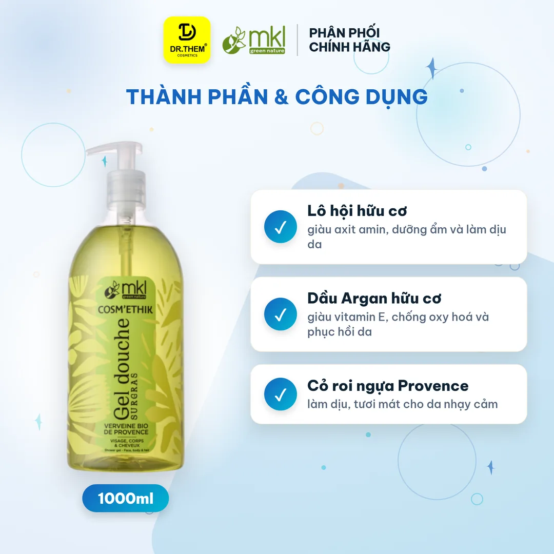Gel Tắm Hữu Cơ MKL Green Nature Shower Gel pH5.5 Không Xà Phòng Hương Cỏ Roi Ngựa (Verveine) 1000ml 2