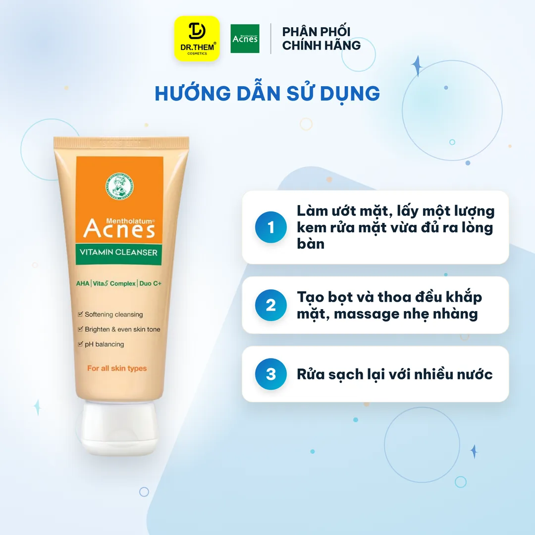 Sữa Rửa Mặt Acnes Vitamin Cleanser Dưỡng Sáng Hỗ Trợ Làm Mờ Sẹo Thâm Phục Hồi Da Sau Mụn 100g – hướng dẫn sử dụng