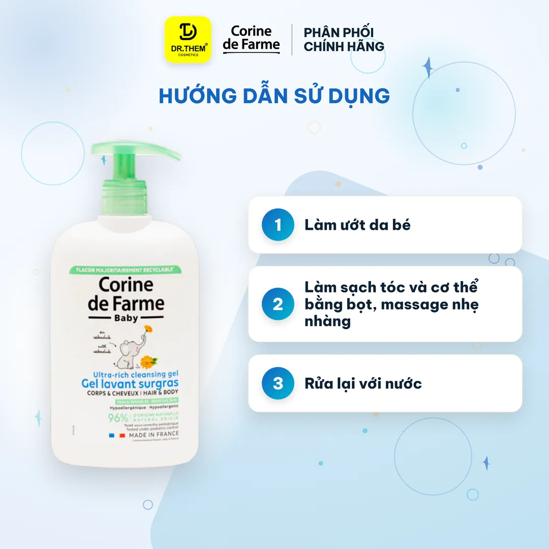 Gel Tắm Gội Cho Bé Corine De Farme Ultra Rich Cleansing Gel Làm Sạch Dịu Nhẹ Không Cay Mắt 250ml/500ml – hướng dẫn sử dụng
