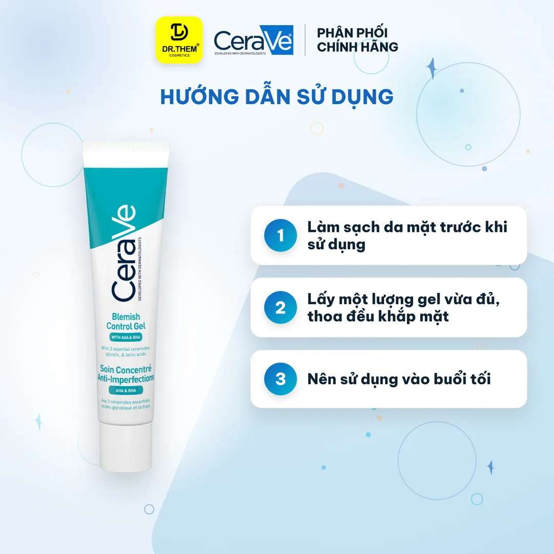 Gel Giảm Mụn CeraVe Blemish Control Gel AHA BHA Hỗ Trợ Mờ Thâm Se Khít Lỗ Chân Lông Cho Da Dầu Mụn 40ml – hướng dẫn sử dụng