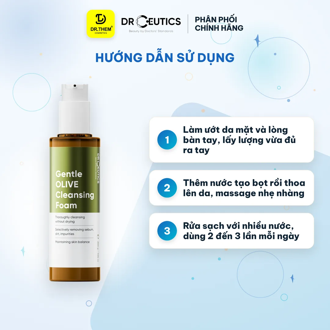 Sữa Rửa Mặt Drceutics Gentle Olive Cleansing Foam Làm Sạch Sâu Dịu Nhẹ Cân Bằng Ẩm Cho Mọi Loại Da – hướng dẫn sử dụng