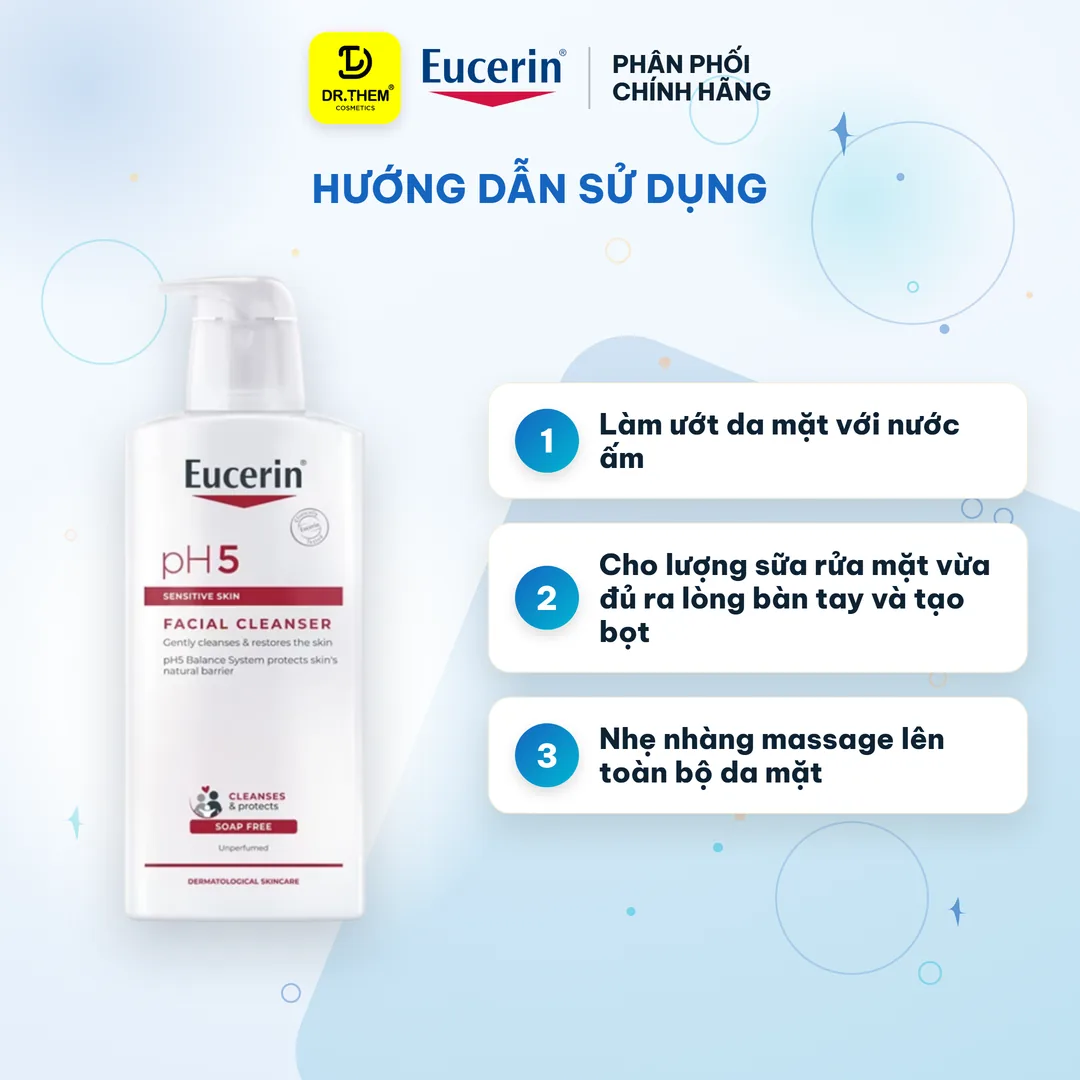 Sữa Rửa Mặt Eucerin pH5 Facial Cleanser Sensitive Skin Làm Sạch Dịu Nhẹ Cân Bằng Độ pH Cho Da Nhạy Cảm 100ml 400ml – hướng dẫn sử dụng
