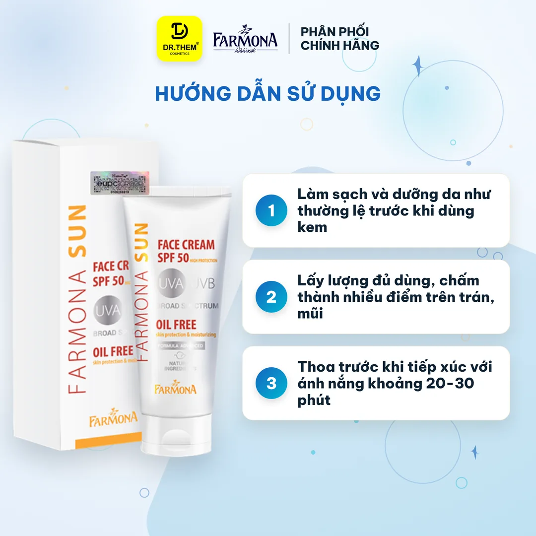 Kem Chống Nắng Farmona Sun Face Cream Oil Free SPF50+ Không Chứa Dầu Kiềm Dầu Cho Da Dầu Mụn 50ml – hướng dẫn sử dụng