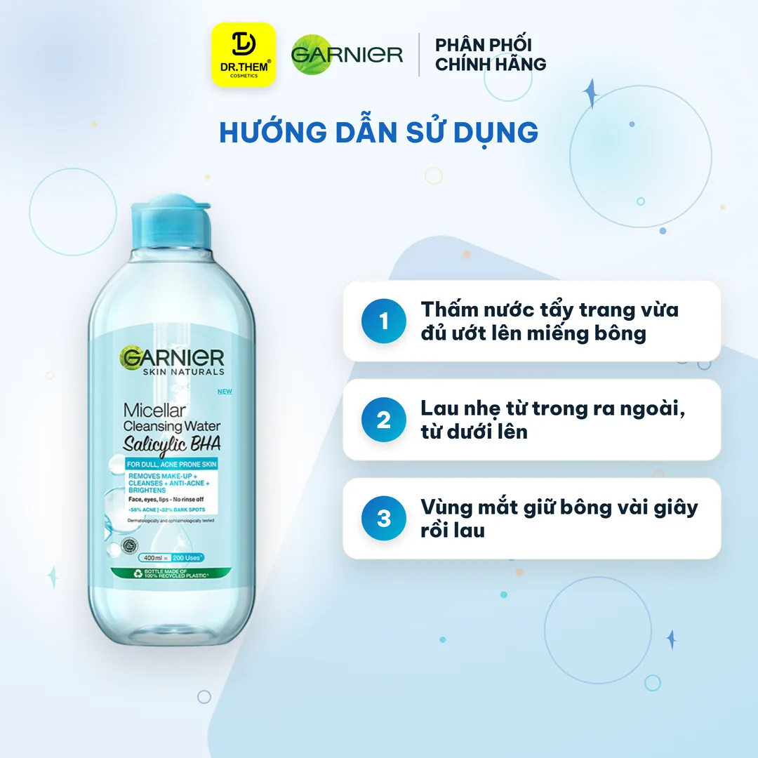 Nước Tẩy Trang Garnier Micellar Cleansing Water Làm Sạch Sâu Dịu Nhẹ 3 Trong 1 Cho Mọi Loại Da 50ml/400ml – hướng dẫn sử dụng